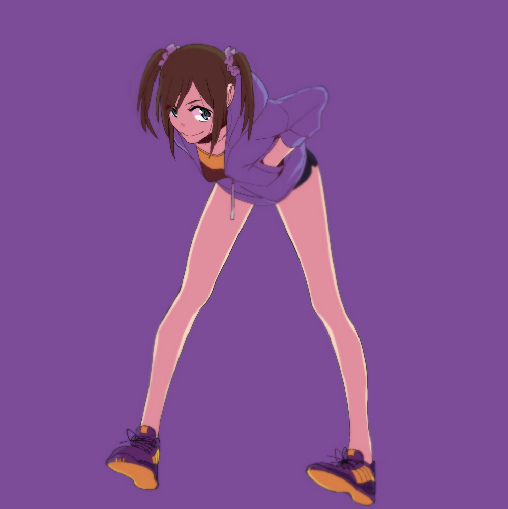 alternate_eye_color bad_id bad_pixiv_id bent_over brown_hair con_potata full_body grey_eyes hair_ornament hair_scrunchie hands_in_pockets hood hood_down hoodie leaning_forward nishigoori_axel older purple_background purple_scrunchie scrunchie shoes shorts smile sneakers solo teenage twintails yuri!!!_on_ice