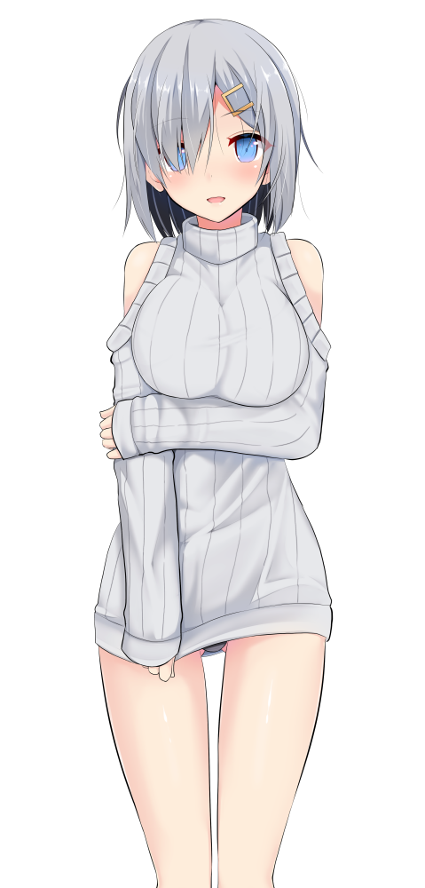 :d alternate_costume bare_legs bare_shoulders black_panties blue_eyes blush breasts commentary_request eyebrows_visible_through_hair hair_ornament hair_over_one_eye hairclip hamakaze_(kantai_collection) hand_on_own_arm holding_arm kantai_collection large_breasts long_sleeves looking_at_viewer no_pants open_mouth panties pantyshot pantyshot_(standing) ribbed_sweater short_hair shoulder_cutout silver_hair simple_background smile solo standing striped sweater takeyuu turtleneck underwear vertical_stripes white_background