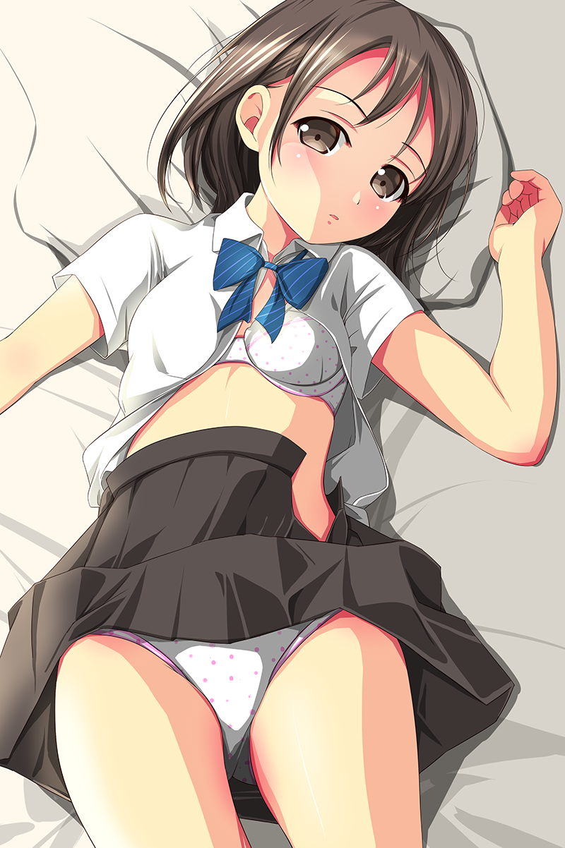 :o bed_sheet blue_bow blue_neckwear blush bow bowtie bra breasts brown_eyes brown_hair brown_skirt collared_shirt cowboy_shot highres looking_at_viewer looking_up lying matsunaga_kouyou midriff on_back on_bed open_clothes open_shirt open_skirt original panties parted_lips pink_hair polka_dot polka_dot_bra polka_dot_panties school_uniform shirt short_hair short_sleeves skirt skirt_lift small_breasts solo striped striped_bow striped_neckwear thighs underwear upskirt white_bra white_panties white_shirt wing_collar