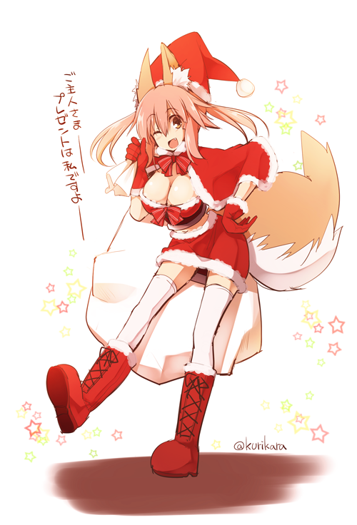 ;d alternate_costume animal_ears bow bowtie breasts capelet check_translation christmas cleavage fang fate/extra fate_(series) fox_ears fox_tail gloves kurikara large_breasts looking_at_viewer one_eye_closed open_mouth pink_hair red_capelet red_gloves sack santa_costume smile solo star tail tamamo_(fate)_(all) tamamo_no_mae_(fate) thighhighs translation_request twitter_username white_legwear yellow_eyes zettai_ryouiki