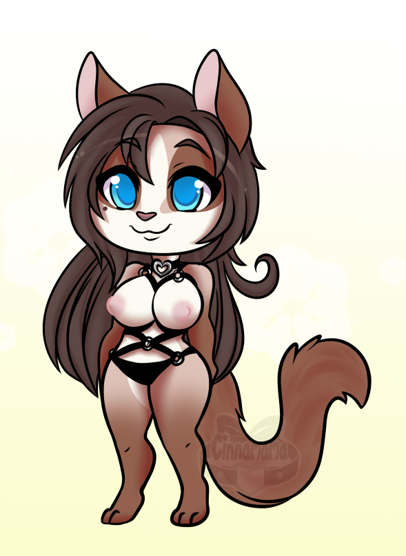 bdsm big_breasts big_chest big_eyes blue_eyes bondage bound breasts brown_hair cat chibi cinnamama collar feline hair harness long_hair mammal moe mole nipples nude