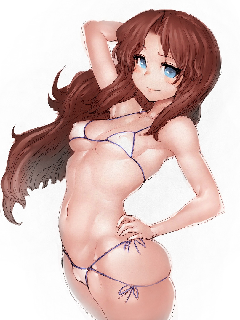1girl arm_up bikini blue_eyes breasts brown_hair erect_nipples fumio_(rsqkr) hand_on_hip hips long_hair looking_at_viewer navel side-tie_bikini skindentation smile solo swimsuit thighs