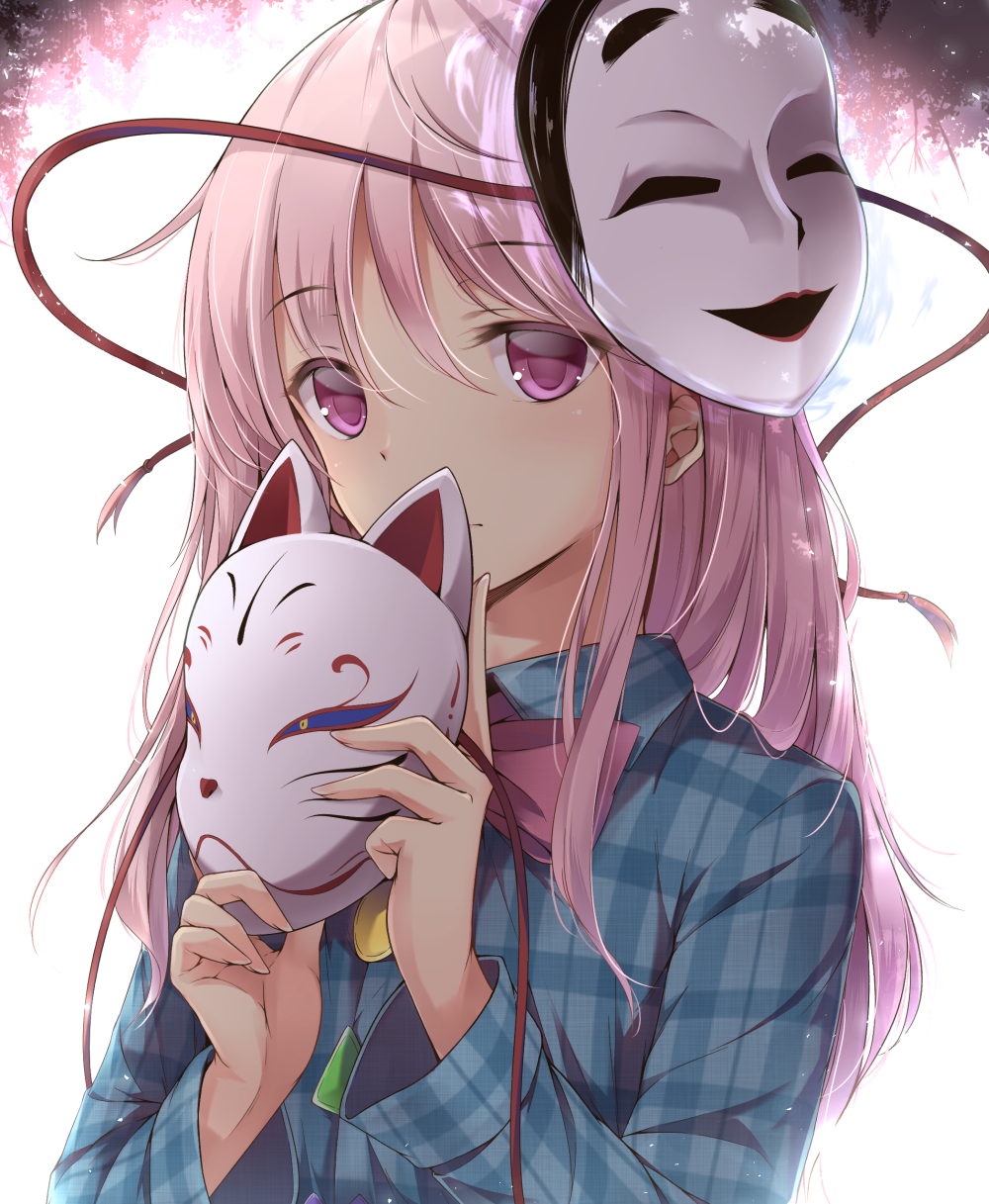 backlighting bloom blush bow bowtie buttons closed_mouth collared_shirt commentary_request dappled_sunlight expressionless fox_mask hair_between_eyes hata_no_kokoro highres holding holding_mask light_particles long_hair long_sleeves looking_at_viewer mask mask_on_head noh_mask pink_eyes pink_hair plaid plaid_shirt red_bow red_neckwear shirt solo sunlight tareme tassel touhou toyosaki_shu upper_body wing_collar