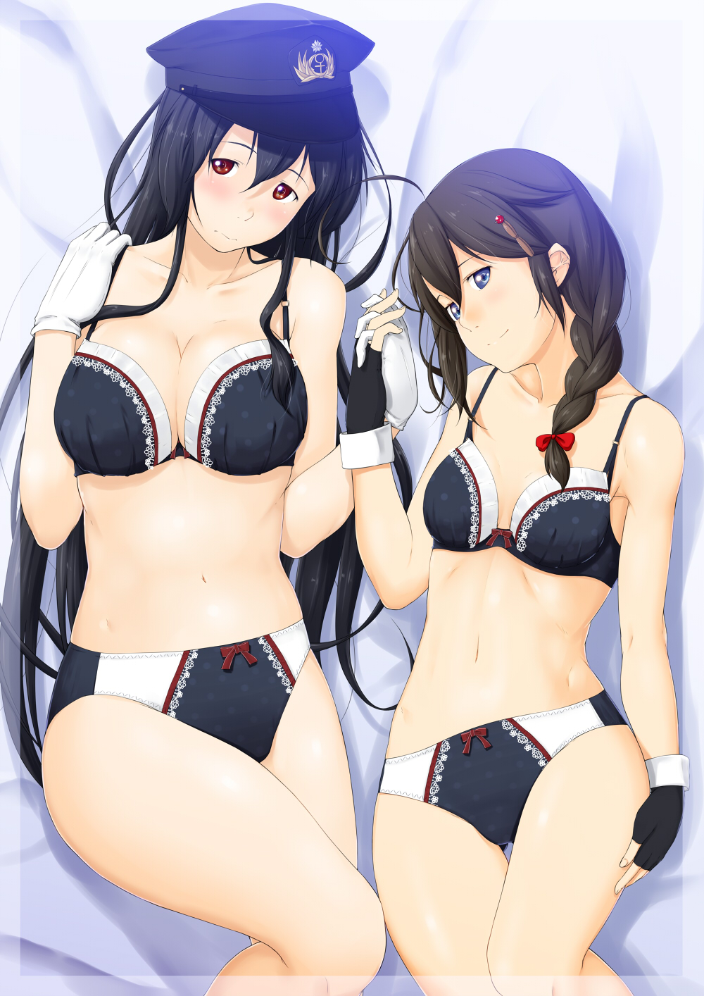ahoge bangs bare_legs black_bra black_gloves black_hair black_panties blush bow bow_bra bow_panties bra braid breasts brown_eyes brown_hair closed_mouth collarbone colorized commentary_request female_admiral_(kantai_collection) fingerless_gloves gloves grey_eyes hair_between_eyes hair_bow hair_ornament hair_over_shoulder hand_on_hip hand_on_own_shoulder hat highres holding_hands kantai_collection lace lace-trimmed_bra lace-trimmed_panties large_breasts long_hair looking_at_viewer lying messy_hair military_hat multicolored multicolored_bra multicolored_clothes multiple_girls niwatazumi on_back on_bed panties red_bow shigure_(kantai_collection) sidelocks single_braid smile tatebayashi_sakurako underwear underwear_only white_gloves wrist_cuffs