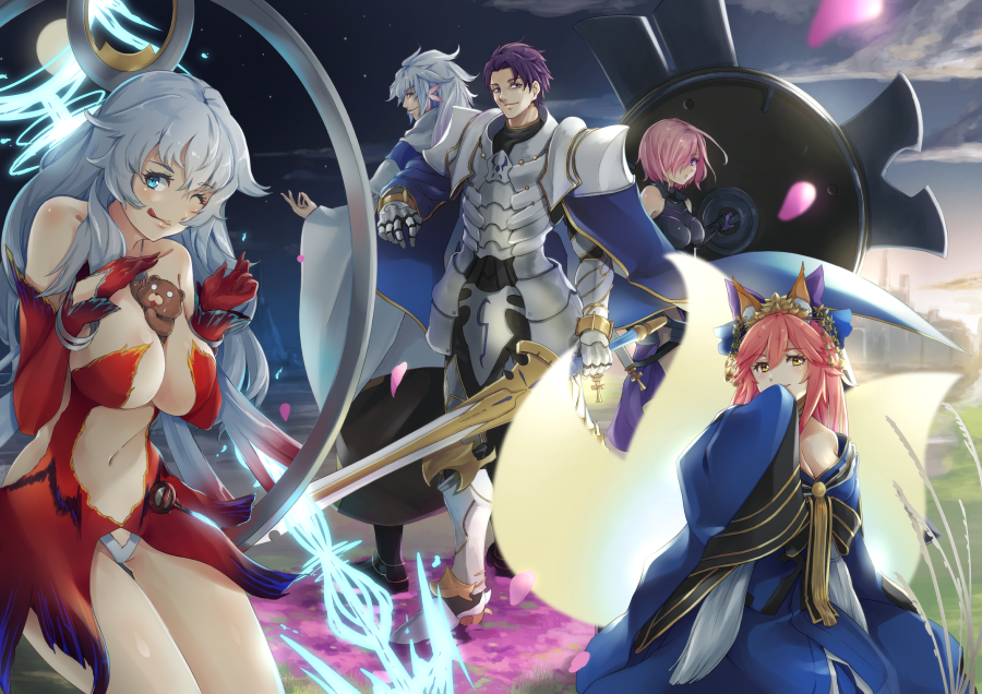 3girls ;q animal_ears armor armored_dress artemis_(fate/grand_order) bangs bare_shoulders bear bell bell_collar between_breasts black_armor blue_cape blue_eyes blue_kimono bracelet breasts cape cherry_blossoms cleavage closed_mouth cloud collar collarbone commentary_request detached_sleeves dress elbow_gloves eyebrows_visible_through_hair fate/extra fate/grand_order fate_(series) fox_ears fox_tail gloves grass hair_between_eyes hair_ornament hair_over_one_eye hair_ribbon hair_stick hand_to_own_mouth hand_up hands_up holding holding_shield holding_sword holding_weapon japanese_clothes jewelry kimono lancelot_(fate/grand_order) large_breasts latin_cross lavender_hair long_hair looking_at_viewer looking_away looking_back mash_kyrielight medium_breasts merlin_(fate) motion_blur multiple_boys multiple_girls multiple_tails nakaga_eri navel o_o off_shoulder one_eye_closed orion_(fate/grand_order) petals pink_hair purple_eyes purple_hair red_dress red_gloves revealing_clothes ribbon robe shield shiny shiny_hair shiny_skin short_hair sky sleeves_past_wrists smile standing star_(sky) starry_sky strapless strapless_dress sweatdrop sword tail tamamo_(fate)_(all) tamamo_no_mae_(fate) tongue tongue_out twilight weapon white_hair white_robe wide_sleeves yellow_eyes