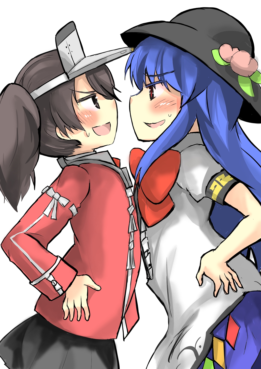 blue_hair blush breast_press brown_eyes brown_hair commentary crossover eye_contact flat_chest food fruit gaoo_(frpjx283) hand_on_hip hat highres hinanawi_tenshi japanese_clothes kantai_collection kariginu long_hair long_sleeves looking_at_another multiple_girls open_mouth peach red_eyes ryuujou_(kantai_collection) short_sleeves sideways_mouth skirt sweatdrop symmetrical_docking touhou trait_connection twintails visor_cap white_background
