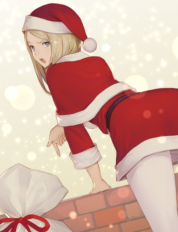 arm_support bag blonde_hair blue_eyes brick_wall commentary_request from_behind hat keemu_(occhoko-cho) leaning_forward long_hair looking_at_viewer looking_back open_mouth original pantyhose pointing red_hat sack santa_costume santa_hat solo standing straight_hair teeth wall white_legwear