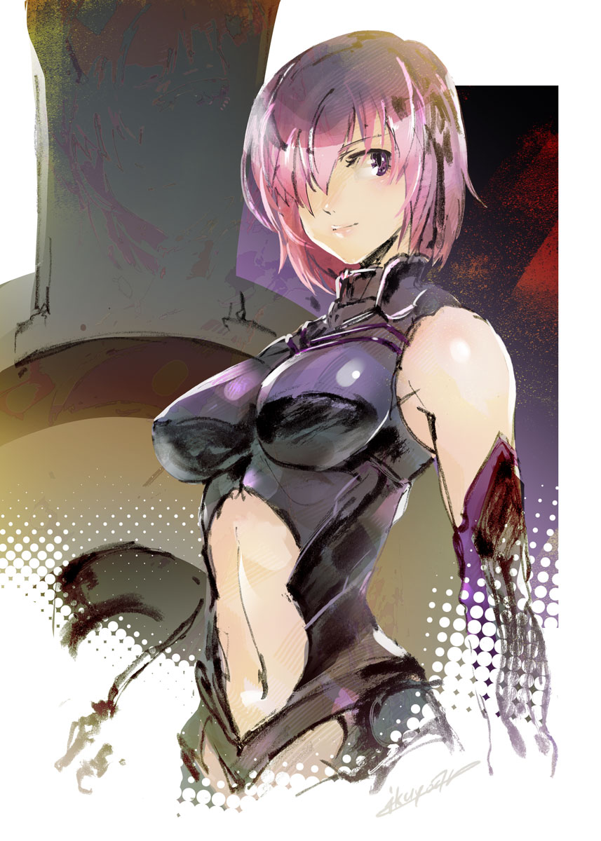 bare_shoulders breasts calligraphy_brush_(medium) fate_(series) hair_over_one_eye highres ikuyoan looking_to_the_side mash_kyrielight medium_breasts navel purple_eyes purple_hair short_hair signature smile solo