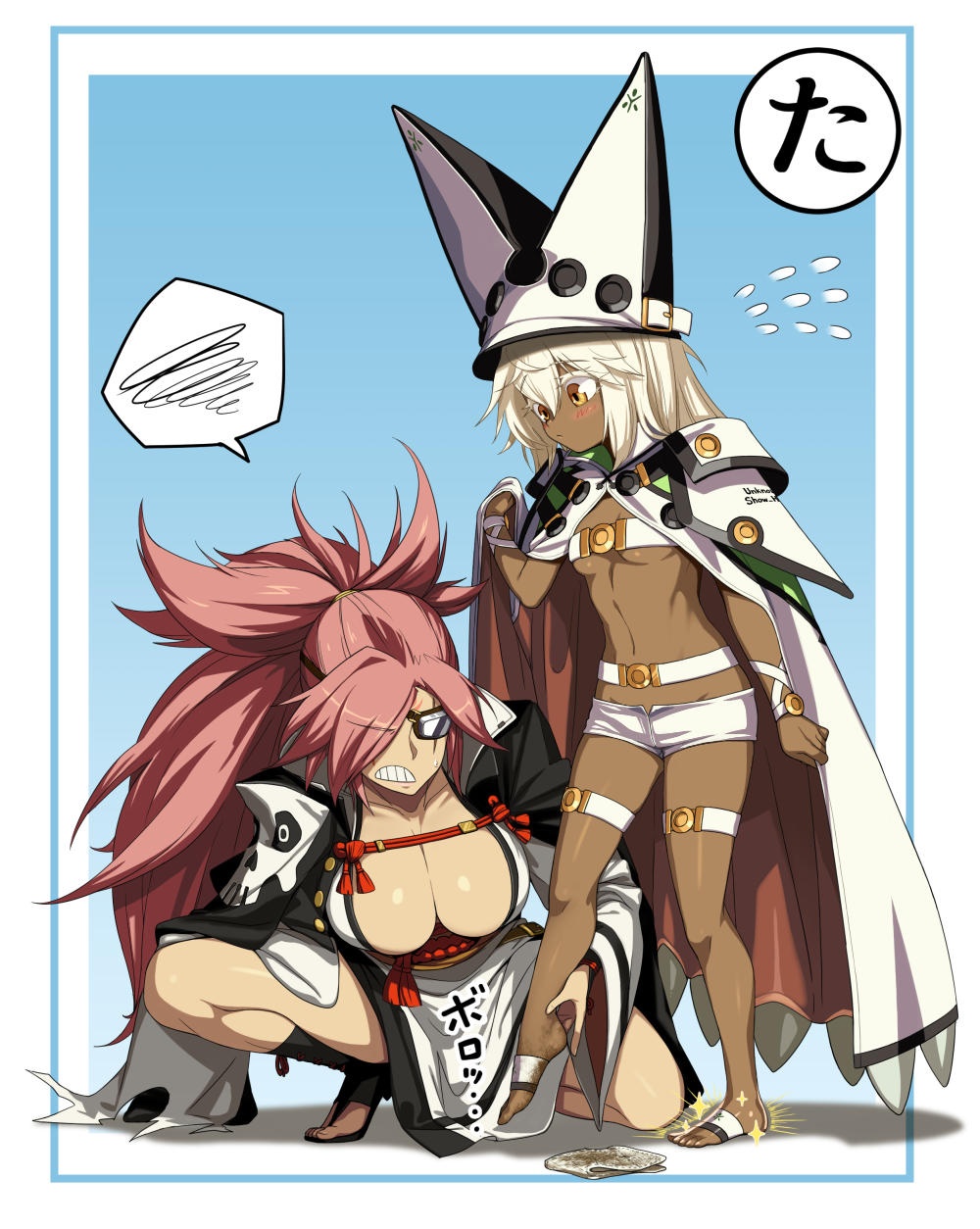 baiken bajima_shouhei bangs barefoot blue_background blush breasts cape cleavage clenched_teeth closed_mouth colored_eyelashes dark_skin dirty_feet eyebrows_visible_through_hair eyepatch flying_sweatdrops full_body guilty_gear guilty_gear_xrd hair_over_one_eye hat highres kneeling large_breasts long_hair md5_mismatch multiple_girls pink_hair ramlethal_valentine sandals shorts small_breasts standing teeth white_cape white_hair yellow_eyes
