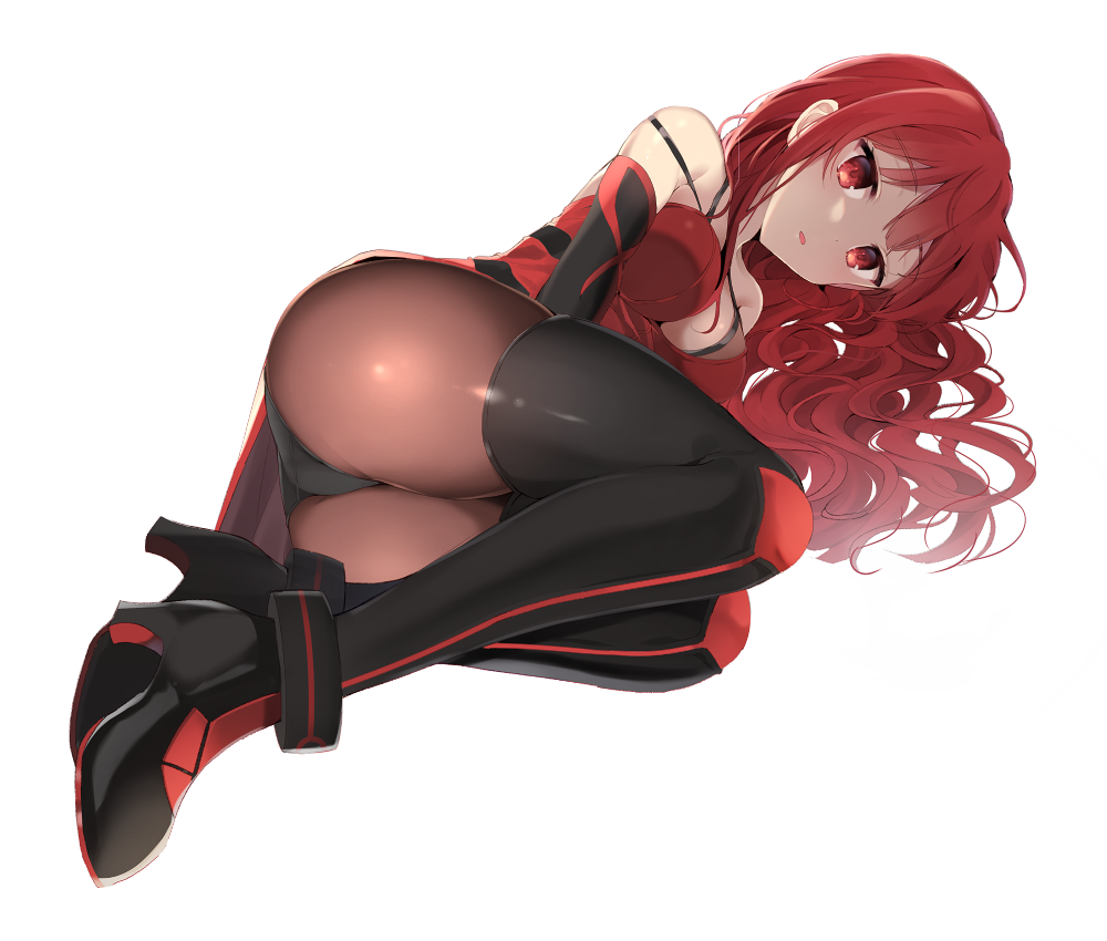 :o ass bad_id bad_pixiv_id bare_shoulders black_footwear black_gloves black_panties boots breasts cleavage crimson_avenger_(elsword) dress elesis_(elsword) elsword expressionless foreshortening full_body gloves high_heel_boots high_heels long_hair looking_at_viewer lying medium_breasts on_side open_mouth panties panties_over_pantyhose pantyhose pinb red_dress red_eyes red_hair red_legwear simple_background skindentation sleeveless sleeveless_dress solo strap_slip thigh_boots thighhighs tsurime underwear very_long_hair wavy_hair white_background