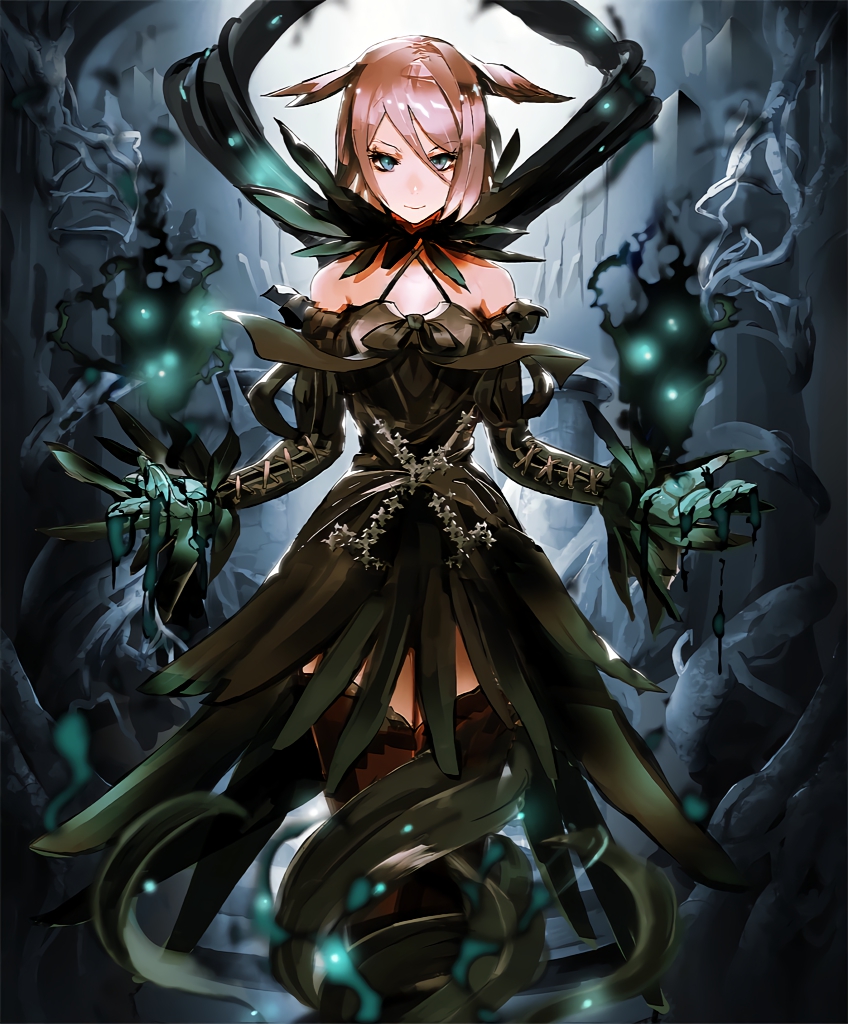 artist_request bare_shoulders brown_hair cross-laced_clothes cygames dress feather_trim green_eyes official_art shadowverse shingeki_no_bahamut smile thighhighs wardrobe_raider