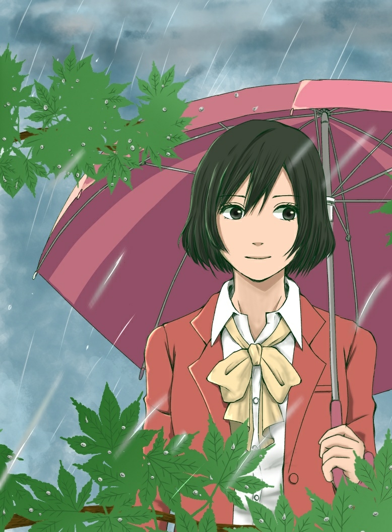 commentary_request green_eyes green_hair holding holding_umbrella kadochan kimi_no_na_wa kotonoha_no_niwa leaf rain umbrella yukino_yukari