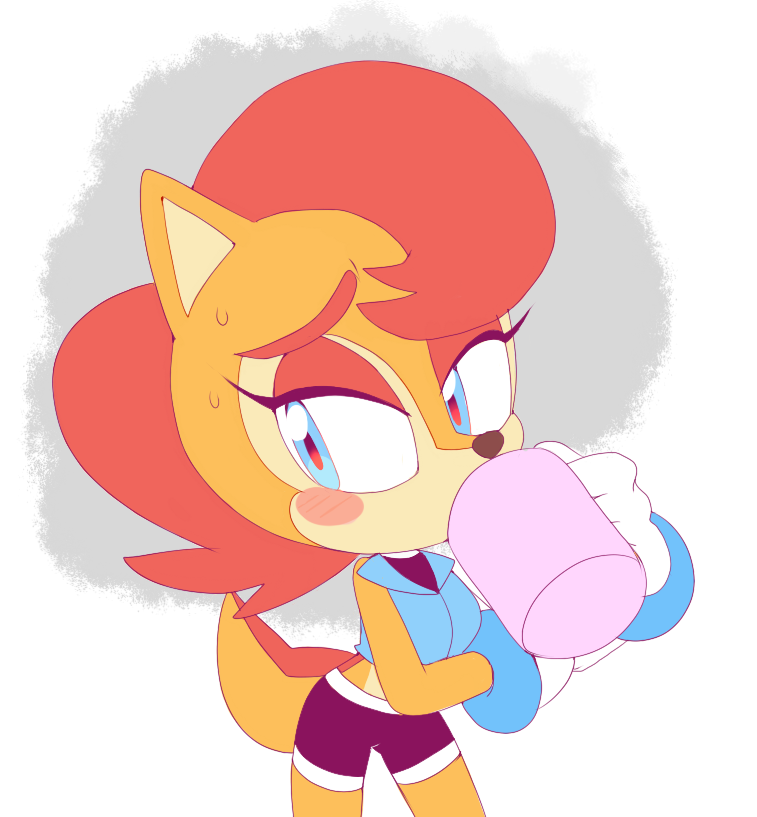 alpha_channel anthro archie_comics blue_eyes blush breasts brown_fur chipmunk clothing cup drinking eyelashes female fur gloves hair looking_away mammal motobugg red_hair rodent sally_acorn solo sonic_(series) sweat sweatdrop