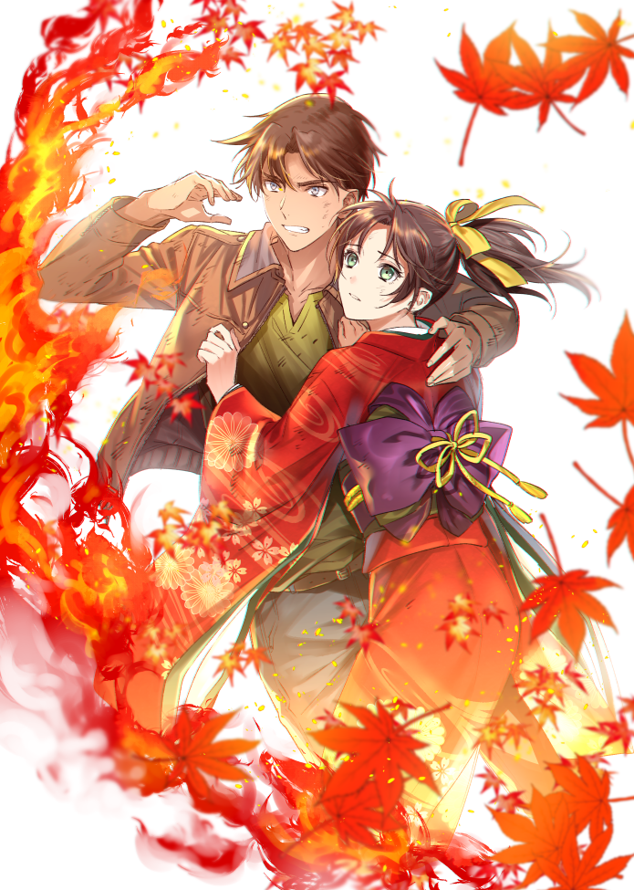 1girl brown_hair brown_jacket clenched_teeth green_eyes green_shirt grey_eyes grey_pants hair_ribbon hattori_heiji jacket japanese_clothes kimono leaf long_hair meitantei_conan obi pants parted_lips ponytail red_kimono ribbon ro-a sash shirt simple_background teeth tooyama_kazuha white_background yellow_ribbon yukata