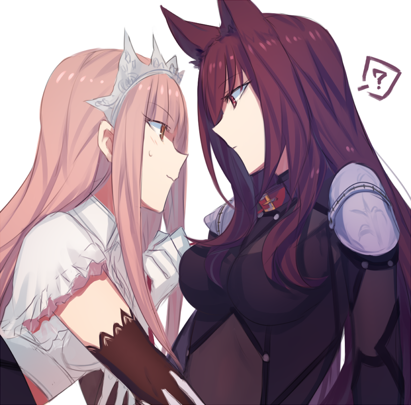 ? aoki_shizumi blush bodysuit collar elbow_gloves face-to-face fate/grand_order fate_(series) from_side gloves holding kemonomimi_mode leash long_hair medb_(fate)_(all) medb_(fate/grand_order) multiple_girls pink_hair purple_bodysuit purple_hair red_eyes scathach_(fate)_(all) scathach_(fate/grand_order) short_sleeves simple_background smile spoken_question_mark straight_hair tiara upper_body wavy_hair white_background yellow_eyes yuri