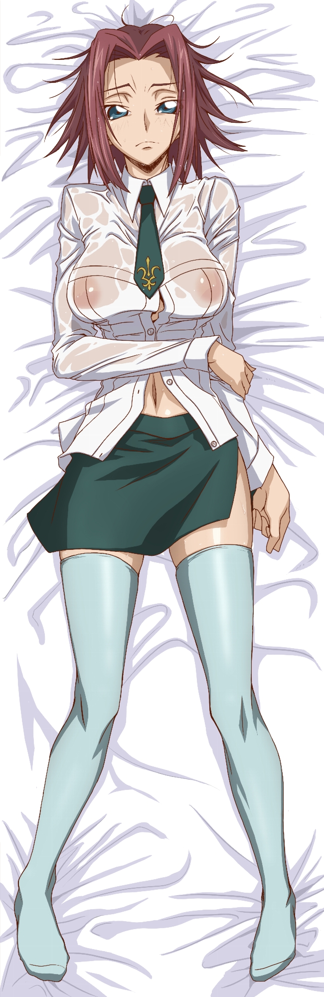 anime_coloring ashford_academy_uniform blue_eyes blue_legwear blush breasts code_geass dakimakura full_body highres kallen_stadtfeld kyabakurabakufu large_breasts long_legs looking_at_viewer lying navel necktie nipples no_shoes on_back red_hair school_uniform see-through short_hair short_necktie side_slit skirt solo thighhighs wet wet_clothes