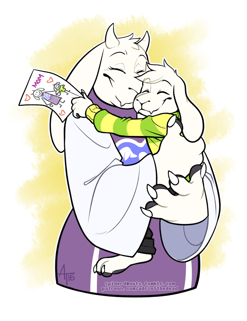 asriel_dreemurr boss_monster caprine child delta_rune drawing duo fangs fur goat horn hug long_ears mammal mother parent paws simple_background spiderd0nuts stripes toriel undertale video_games white_fur young