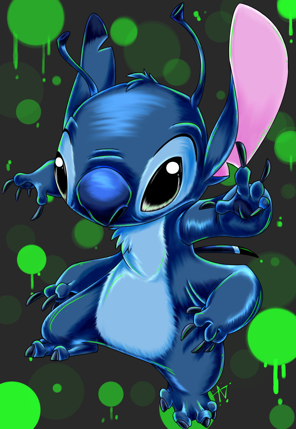 2009 4_arms 4_fingers 4_toes alien antennae back_spines black_eyes blue_claws blue_fur blue_nose chest_tuft claws digital_media_(artwork) digital_painting_(artwork) disney experiment_(species) fur grey_background head_tuft lilo_and_stitch looking_at_viewer multi_arm multi_limb no_sclera notched_ear o-c-disorder reaching signature simple_background solo stitch toes tuft