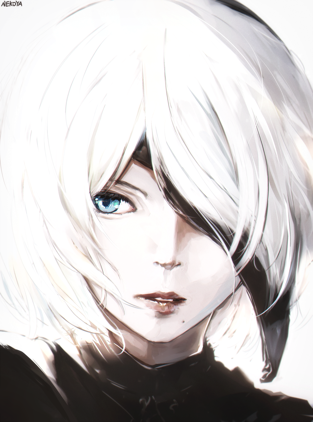 artist_name bangs black_dress black_hairband blindfold blindfold_slip blue_eyes bob_cut dress dyolf eyelashes face hair_over_one_eye hairband highres juliet_sleeves lips long_sleeves looking_to_the_side mole mole_under_mouth nier_(series) nier_automata nose one_eye_covered parted_lips puffy_sleeves red_lips short_hair simple_background solo teeth turtleneck upper_body white_background white_hair yorha_no._2_type_b