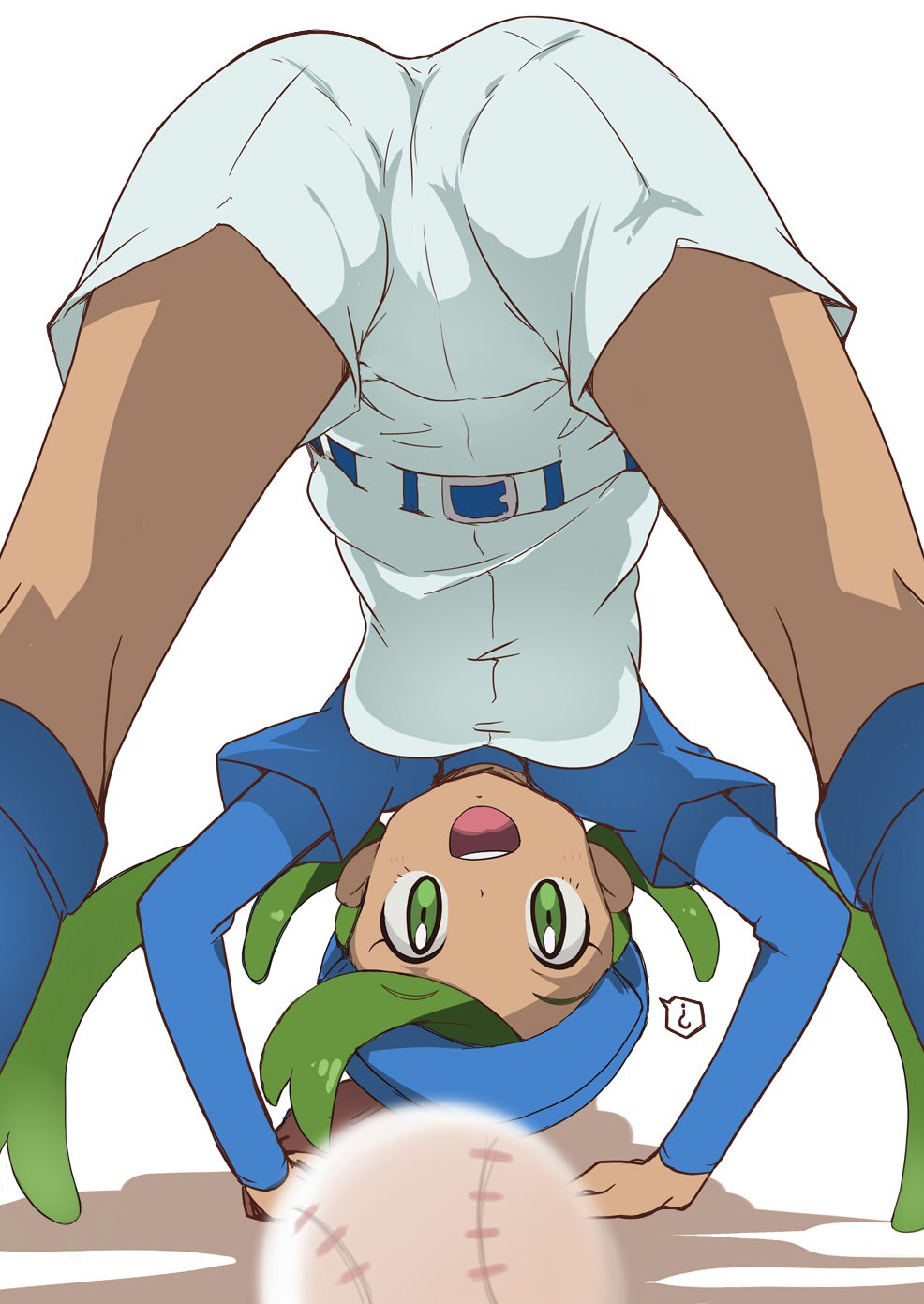 :d ? ass bangs baseball baseball_cap baseball_uniform belt bent_over commentary_request dark_skin eyebrows_visible_through_hair green_eyes green_hair hat highres itamochi looking_at_viewer looking_through_legs mao_(pokemon) open_mouth pantylines pokemon pokemon_(anime) pokemon_sm_(anime) pov short_sleeves shorts simple_background smile solo sportswear swept_bangs teeth thought_bubble twintails white_background