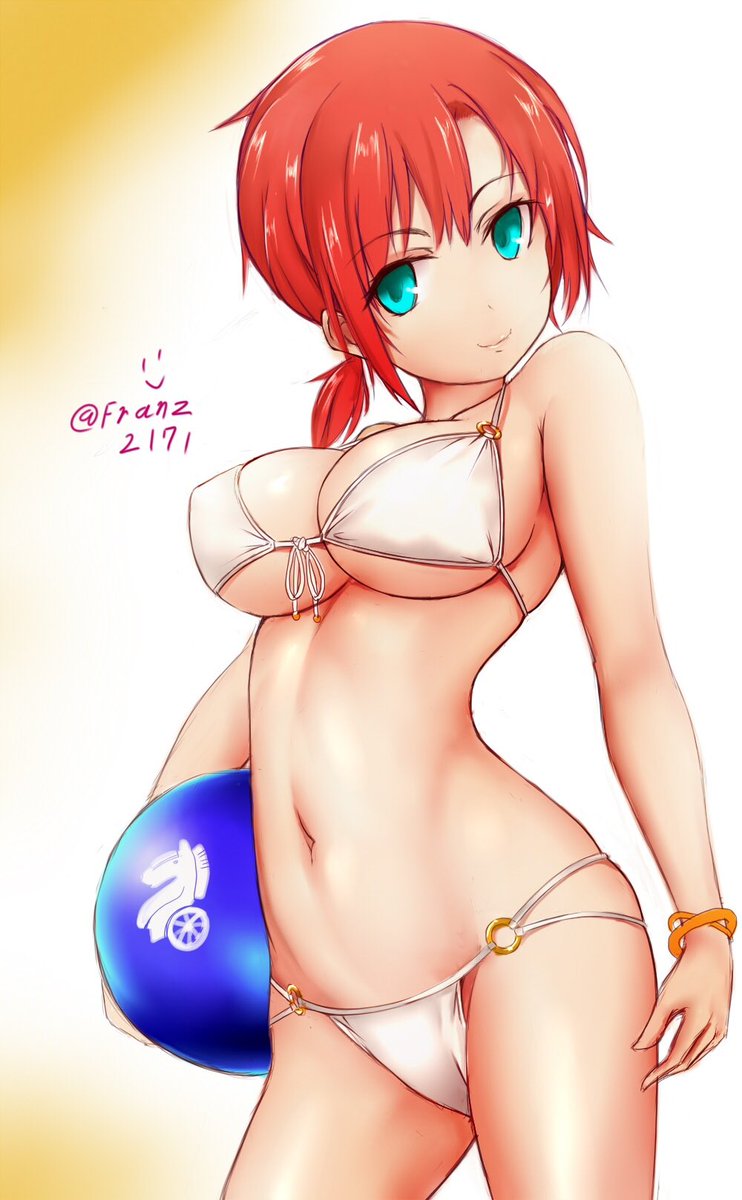aqua_eyes ball beachball bikini boudica_(fate/grand_order) breasts closed_mouth fate/grand_order fate_(series) franz_(217franz) front-tie_bikini front-tie_top gradient gradient_background head_tilt highres large_breasts looking_at_viewer multi-strapped_bikini navel o-ring o-ring_bottom orange_background red_hair short_hair sideboob skindentation smile solo swimsuit twintails twitter_username underboob white_bikini wide_hips
