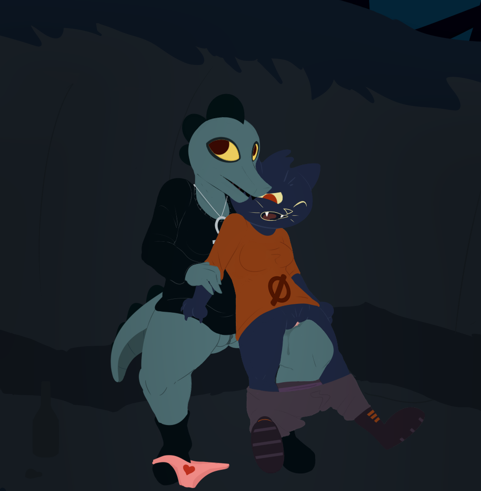 alligator anthro bea_(nitw) claws clothed clothing crocodilian duo female lifting mae_(nitw) mammal night_in_the_woods open_mouth pussy reptile scalie wet