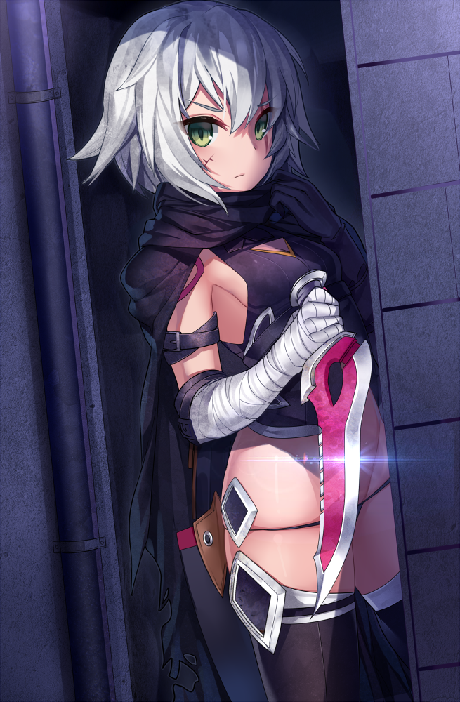 bandaged_arm bandages belt black_legwear black_panties breasts cape closed_mouth dagger expressionless fate/apocrypha fate/grand_order fate_(series) gendo0032 green_eyes holding holding_weapon jack_the_ripper_(fate/apocrypha) looking_at_viewer lowleg lowleg_panties panties scar short_hair sideboob silver_hair small_breasts solo standing thighhighs underwear weapon