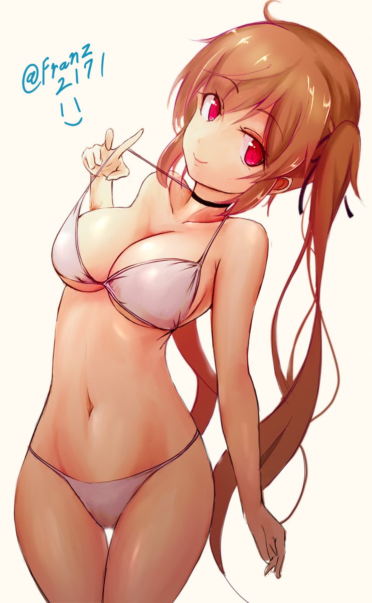 bangs beige_background bikini breasts choker collarbone eyebrows_visible_through_hair franz_(217franz) head_tilt highres kantai_collection large_breasts legs_together long_hair looking_at_viewer murasame_(kantai_collection) navel red_eyes seductive_smile simple_background smile solo strap_pull string_bikini swimsuit thigh_gap twintails twitter_username v very_long_hair white_bikini