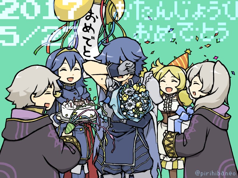 blue_eyes blue_hair blush brother_and_sister cake cape closed_eyes dress dual_persona father_and_daughter fire_emblem fire_emblem:_kakusei food gloves hair_ornament krom liz_(fire_emblem) long_hair lucina male_my_unit_(fire_emblem:_kakusei) my_unit_(fire_emblem:_kakusei) open_mouth pirihiba short_hair short_twintails siblings smile sumia tiara twintails