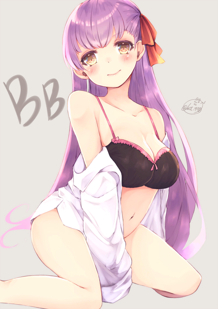 bare_shoulders bb_(fate)_(all) bb_(fate/extra_ccc) between_legs black_bra blush bow bow_bra bra breasts character_name chita_(ketchup) cleavage closed_mouth collarbone commentary eyebrows_visible_through_hair fate/extra fate/extra_ccc fate_(series) grey_background hair_ribbon hand_between_legs large_breasts long_hair looking_at_viewer navel off_shoulder open_clothes open_shirt purple_hair red_ribbon ribbon shirt simple_background sitting smile solo twitter_username underwear white_shirt yellow_eyes