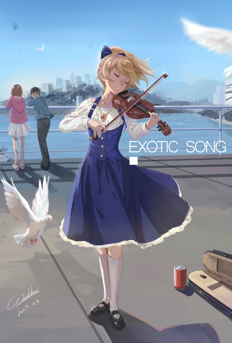 2girls animal bird black_footwear black_hair blonde_hair blue_dress blue_ribbon bow_(instrument) brown_hair can chibi closed_eyes collarbone commentary_request dated day dove dress english faceless faceless_male full_body head_tilt highres holding holding_instrument instrument instrument_case kneehighs mary_janes motion_blur mountain multiple_girls music neckerchief original outdoors parted_lips playing_instrument ponytail railing ribbon shadow shoes skirt solo_focus standing violin water werkbau white_legwear wind