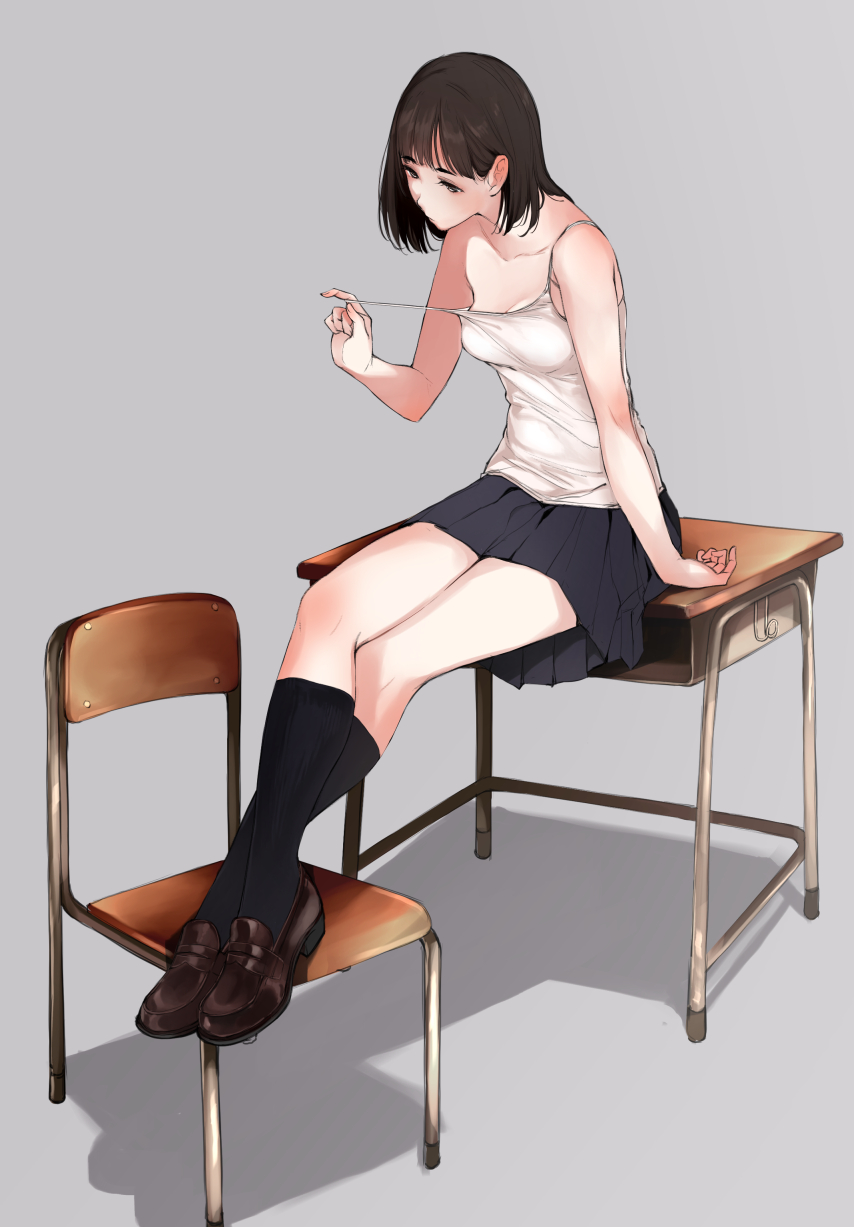 arm_at_side arm_up bangs black_footwear black_hair black_legwear black_skirt blunt_bangs breasts chair cleavage closed_mouth commentary_request crossed_legs desk feet_on_chair full_body grey_background highres kneehighs kotomine_hazuki loafers miniskirt on_desk original pleated_skirt pulled_by_self school_chair school_desk shoes short_hair simple_background sitting sitting_on_desk skirt small_breasts solo strap_pull tank_top tsukino_wagamo