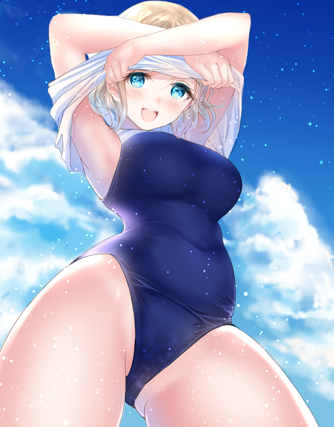 armpits ass_visible_through_thighs blue_eyes blush breasts brown_hair competition_swimsuit crotch from_below gorua_(youce01) large_breasts looking_at_viewer looking_down love_live! love_live!_sunshine!! one-piece_swimsuit open_mouth revision school_swimsuit shirt short_hair smile solo swimsuit undressing watanabe_you water_drop wet wet_clothes wet_shirt