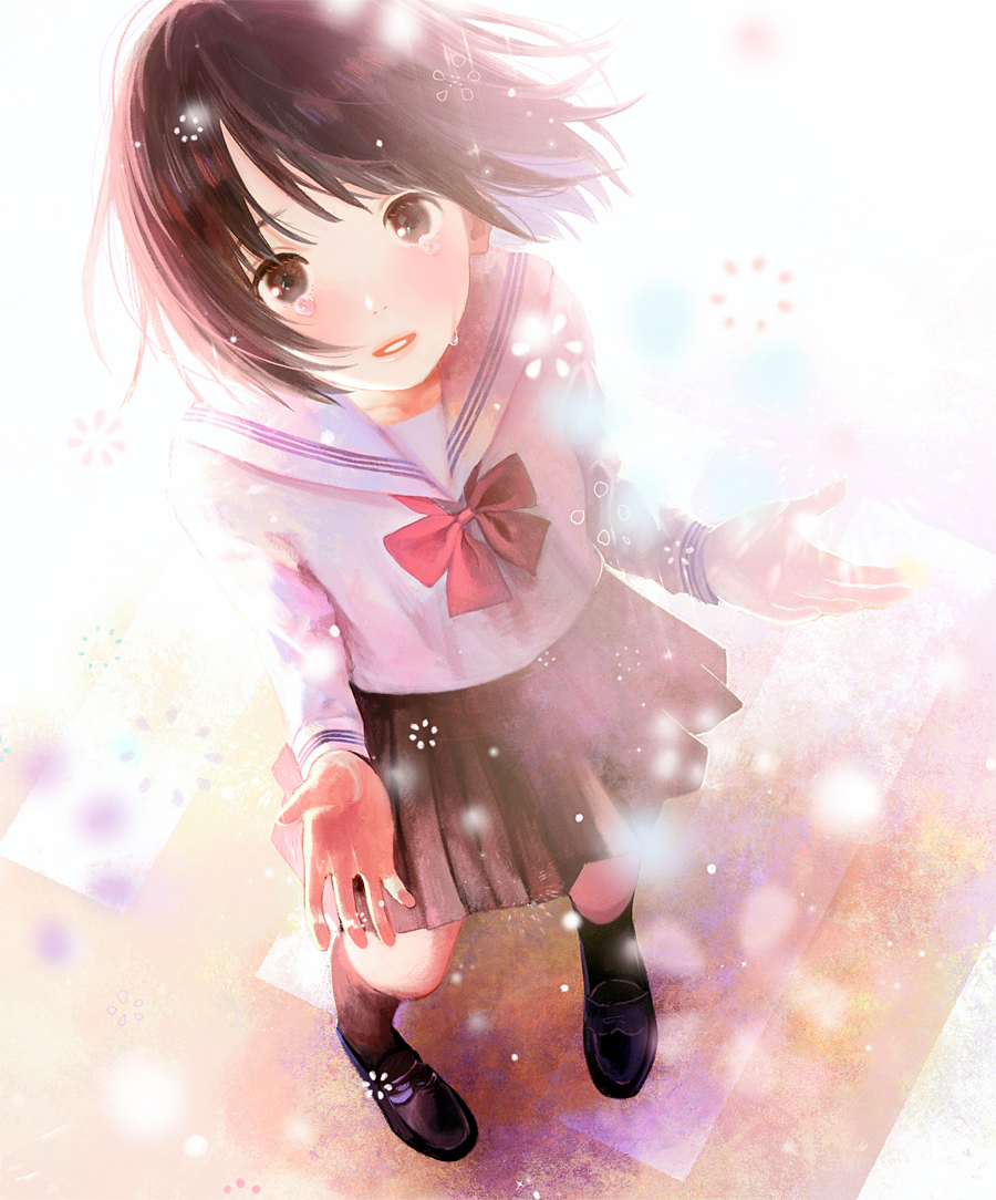 black_skirt blurry brown_eyes brown_hair commentary_request crying crying_with_eyes_open depth_of_field from_above full_body light_particles looking_at_viewer looking_up nakamura_hinata original parted_lips pigeon-toed pleated_skirt red_ribbon ribbon school_uniform serafuku shoes short_hair skirt solo standing tears wind