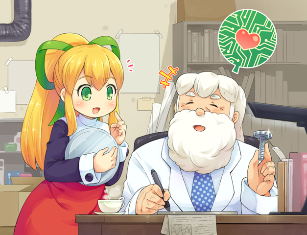 1boy 1girl :d bangs beard blonde_hair blue_neckwear blush book bookshelf chair closed_eyes closed_labcoat cup desk dress eyebrows_visible_through_hair facial_hair green_eyes green_ribbon grey_hair hair_ribbon heart holding holding_tray indoors labcoat lamp long_hair long_sleeves looking_at_another mizuno_mumomo necktie open_mouth paper pen pointing pointing_at_self polka_dot_neckwear ponytail red_dress ribbon rockman rockman_(classic) roll saucer screw shadow shelf sidelocks sitting smile sparkle standing teacup thick_eyebrows thomas_light tray turtleneck wall