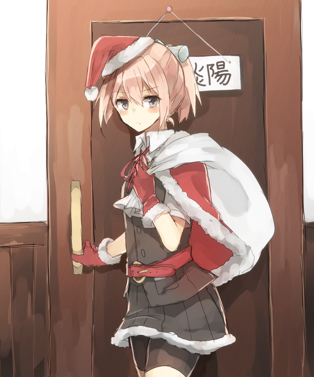 adapted_costume belt bike_shorts bobblehat bow buttons capelet carrying_over_shoulder chibirisu closed_mouth collared_shirt commentary_request cowboy_shot door eyebrows_visible_through_hair fur_trim gloves hair_between_eyes hair_ornament hat highres indoors kantai_collection looking_at_viewer name_tag neck_ribbon over_shoulder pink_hair red_gloves red_neckwear red_ribbon ribbon sack santa_hat shiranui_(kantai_collection) shirt short_ponytail shorts shorts_under_skirt solo standing tears twitter_username vest waistcoat