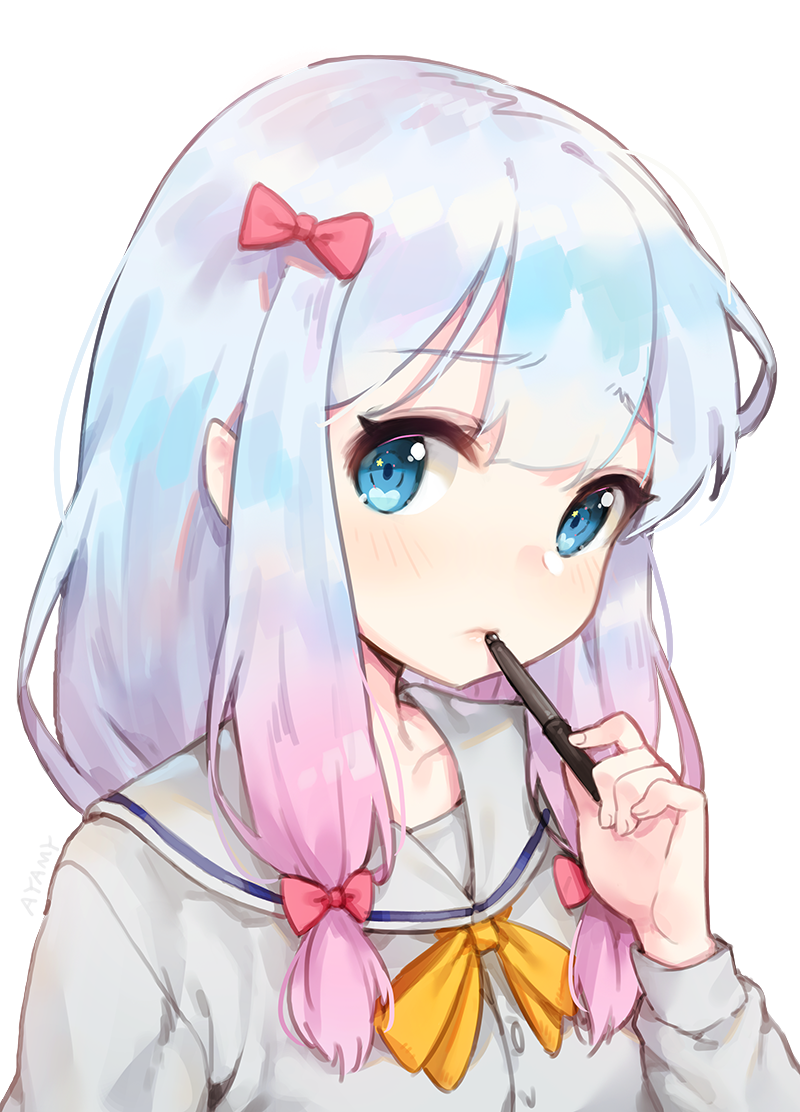 3: ayamy bangs blue_eyes blue_hair blush bow closed_mouth commentary_request eromanga_sensei eyebrows_visible_through_hair hair_bow holding izumi_sagiri long_hair looking_at_viewer pink_bow sailor_collar school_uniform simple_background solo stylus tareme upper_body white_background