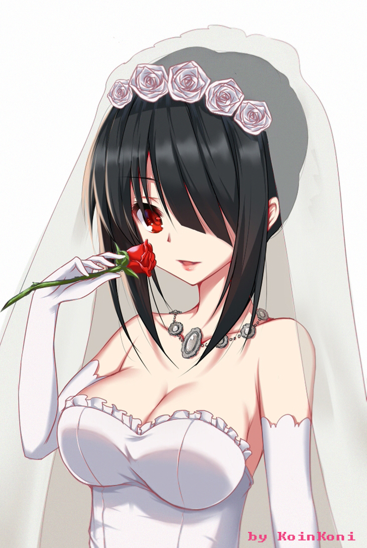 artist_name bare_shoulders black_hair breasts bridal_veil cleavage date_a_live dress flower frills hair_over_one_eye hair_up jewelry large_breasts lips long_hair looking_at_viewer necklace parted_lips qingchen_(694757286) red_eyes red_flower red_rose rose sidelocks solo strapless strapless_dress tokisaki_kurumi upper_body veil wedding_dress