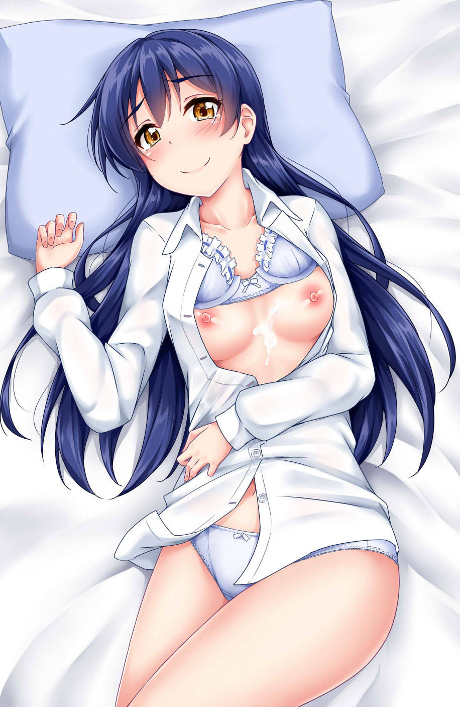 bangs bed_sheet blue_hair blush bra bra_lift breasts collared_shirt cum cum_on_body cum_on_breasts cum_on_upper_body eyebrows_visible_through_hair frilled_bra frills highres long_hair long_sleeves looking_at_viewer love_live! love_live!_school_idol_project lying navel nipples no_pants on_back panties pillow ribbon-trimmed_bra shirt small_breasts smile solo sonoda_umi unbuttoned underwear white_shirt yellow_eyes yopparai_oni