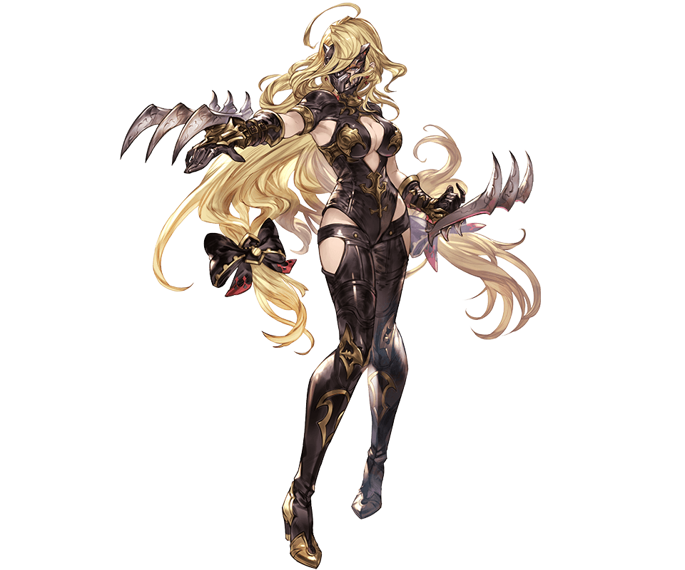 blonde_hair bodysuit boots bow breasts center_opening claw_(weapon) cleavage curly_hair full_body gloves granblue_fantasy grey_eyes high_heel_boots high_heels long_hair low_twintails mask medium_breasts minaba_hideo predator_(granblue_fantasy) solo transparent_background twintails weapon