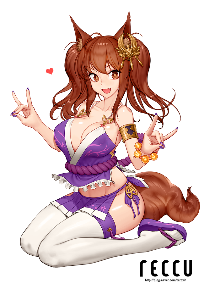 :d animal_ears armlet artist_name bad_id bad_pixiv_id bracelet breasts brown_eyes brown_hair camisole cleavage fang fox_ears fox_shadow_puppet fox_tail geta hair_ornament heart jewelry large_breasts long_hair looking_at_viewer miniskirt nail_polish navel no_bra no_panties open_mouth pleated_skirt purple_nails purple_skirt reccu rope shimenawa side_slit sitting skirt smile solo tail thighhighs twintails v-shaped_eyebrows wariza white_background white_legwear