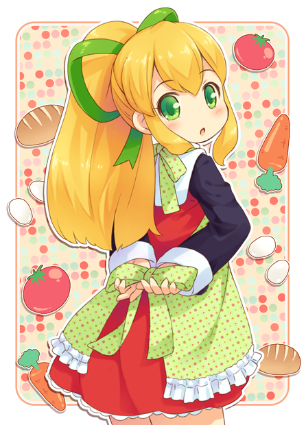 :o apron bangs blonde_hair blush bread carrot cowboy_shot dress egg food frilled_apron frilled_dress frills from_behind green_apron green_eyes green_ribbon hair_ribbon long_hair long_sleeves looking_at_viewer mizuno_mumomo multicolored multicolored_background open_mouth outline polka_dot polka_dot_apron ponytail red_dress ribbon rockman rockman_(classic) roll sidelocks solo standing tomato tying tying_apron white_outline