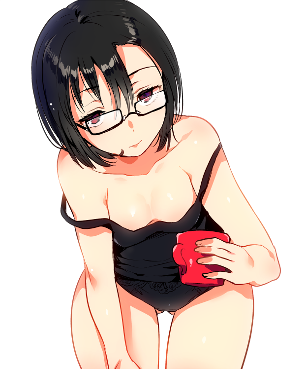 ass_visible_through_thighs bangs black-framed_eyewear black_hair black_panties brown_eyes camisole closed_mouth collarbone commentary_request cup eyebrows_visible_through_hair glasses holding holding_cup ichihaya leaning_forward lingerie looking_at_viewer mug original panties short_hair simple_background solo strap_slip thick_thighs thigh_gap thighs underwear white_background