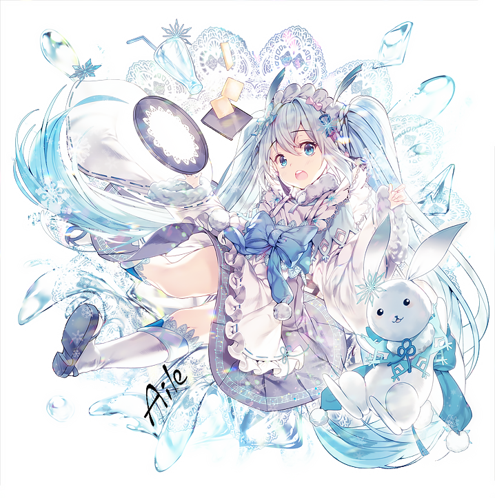 :o aile_(crossroads) artist_name bangs black_footwear blue_hair bunny eyebrows_visible_through_hair floating_hair full_body hair_between_eyes hatsune_miku kneehighs long_hair looking_at_viewer mary_janes open_mouth shoes signature smile teeth twintails vocaloid white_legwear yuki_miku yukine_(vocaloid)