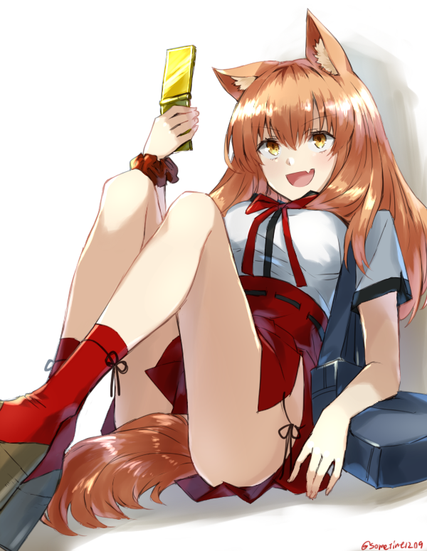 1girl animal_ears blush breasts brown_hair fang fate/extra_ccc_fox_tail fate/grand_order fate_(series) long_hair open_mouth saber_(fate/extra_ccc_fox_tail) school_uniform shoes skirt socks tail yellow_eyes