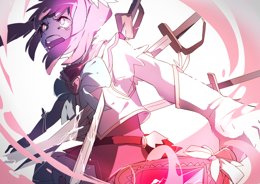awkf belt gloves glowing glowing_eyes impaled kirameki_mamika magical_girl open_mouth pink_eyes pink_hair re:creators sketch spoilers sword twintails unsheathed wand weapon white_background white_gloves