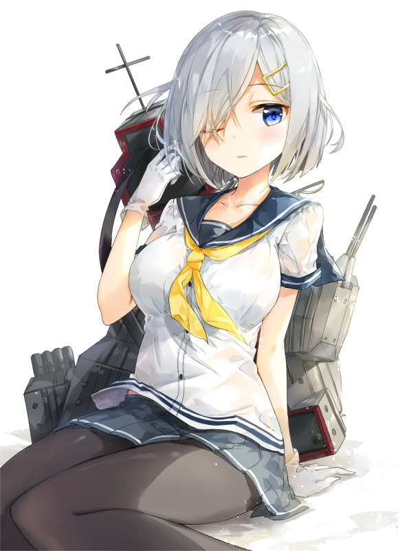 arm_support black_legwear blue_eyes breasts cannon eyebrows_visible_through_hair fuumi_(radial_engine) gloves hair_ornament hair_over_one_eye hairclip hamakaze_(kantai_collection) kantai_collection large_breasts looking_at_viewer machinery neckerchief one_eye_closed pantyhose parted_lips pleated_skirt sailor_collar school_uniform serafuku short_hair silver_hair sitting skirt sleeve_cuffs solo turret white_background white_gloves yellow_neckwear