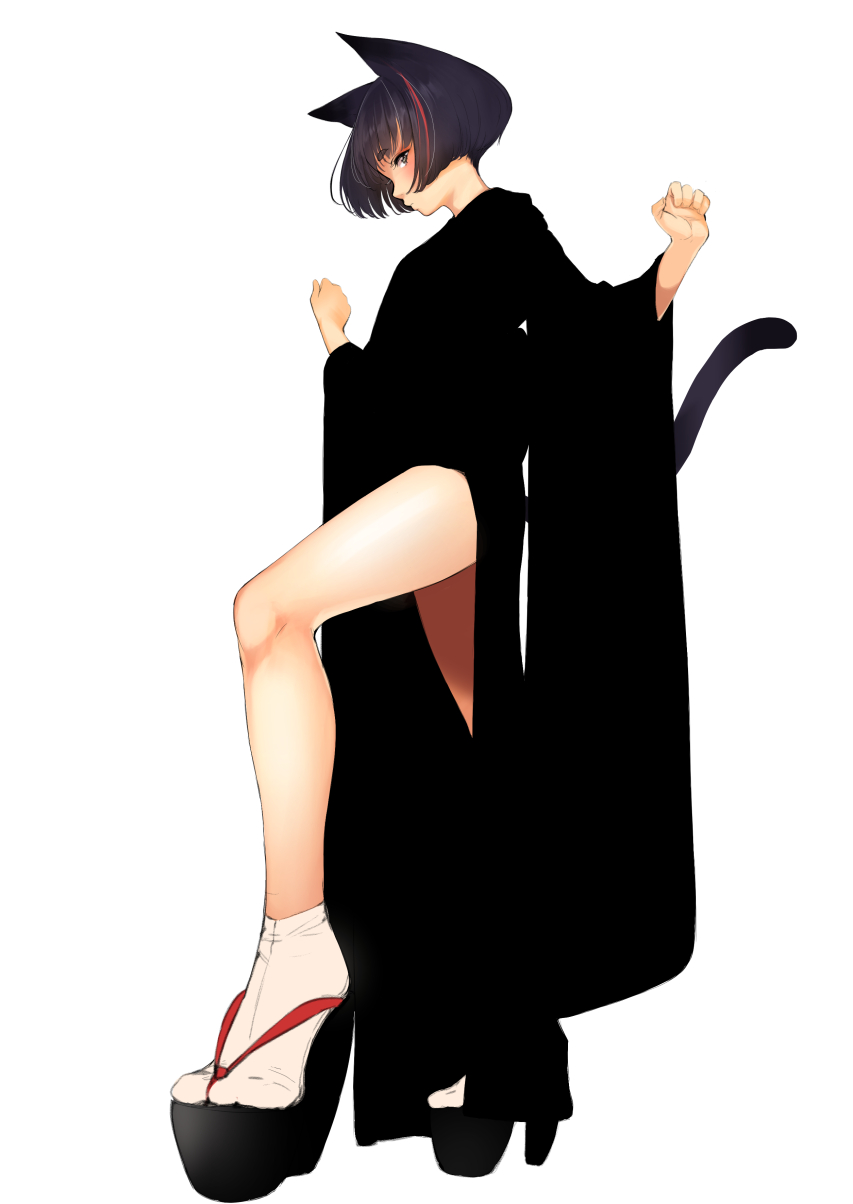 animal_ears bare_legs black_hair blending cat_ears closed_mouth commentary_request eyebrows_visible_through_hair full_body high_heels highres japanese_clothes legs looking_at_viewer multicolored_hair okobo open_toe_shoes original purple_eyes red_hair sandals shoes short_hair simple_background socks solo tabi tail tsukino_wagamo two-tone_hair white_background white_legwear