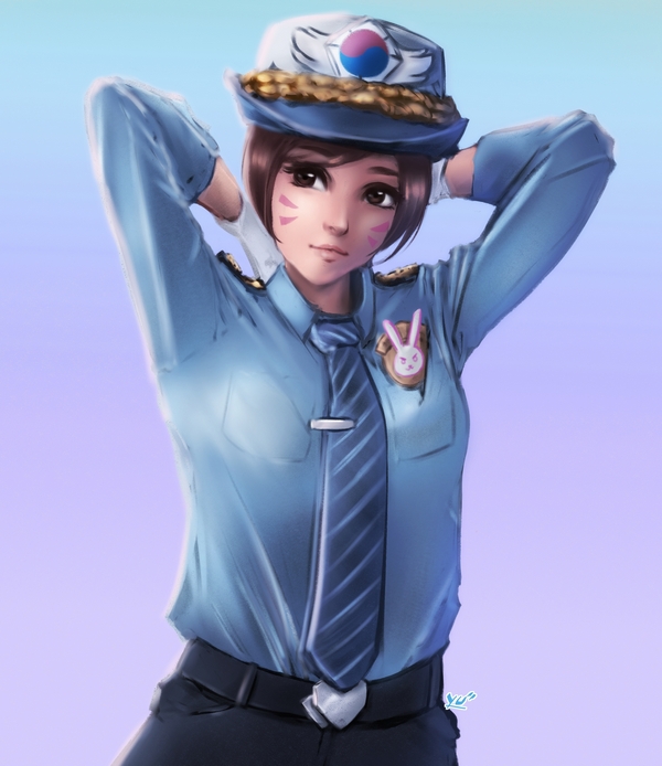 adjusting_hair alternate_costume animal_print arms_behind_head arms_up belt black_pants blue_background blue_shirt breast_pocket breasts brown_eyes brown_hair bunny_print collared_shirt commentary cowboy_shot d.va_(overwatch) facepaint female_service_cap gloves gradient gradient_background lips long_hair long_sleeves looking_to_the_side necktie nose officer_d.va overwatch pants pink_lips pocket police police_uniform policewoman purple_background shirt small_breasts solo striped striped_neckwear tying_hair uniform whisker_markings white_background white_gloves yuyumk2