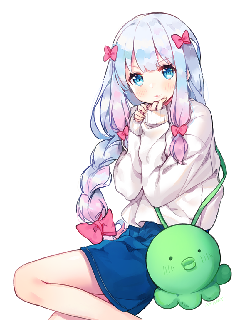 alternate_hairstyle ayamy bag bangs blue_eyes blue_hair blue_skirt blush bow braid eromanga_sensei eyebrows_visible_through_hair gradient_hair hair_bow izumi_sagiri long_hair looking_at_viewer multicolored_hair own_hands_together parted_lips pink_bow pink_hair satchel silver_hair simple_background single_braid skirt sleeves_past_wrists solo stuffed_animal stuffed_octopus stuffed_toy sweater white_background white_sweater